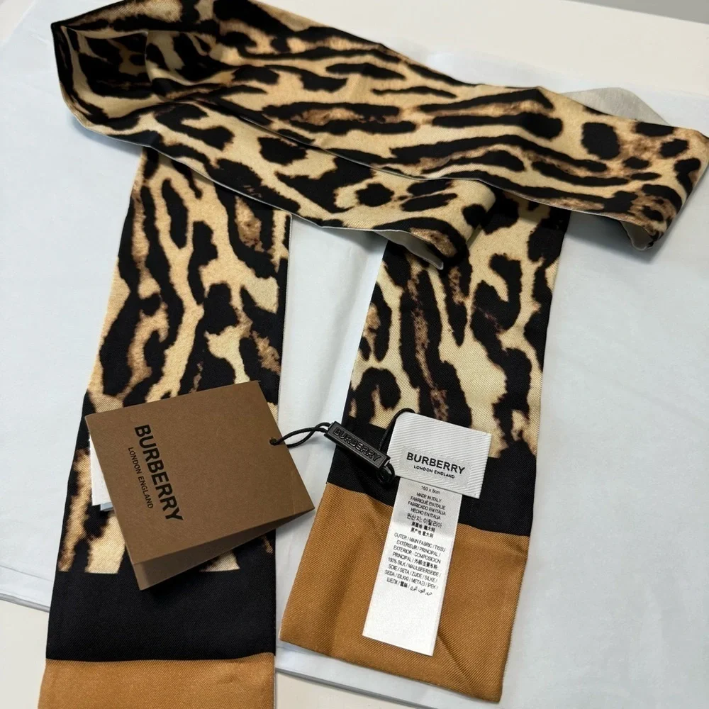 NWT Burberry London Reversible Silk Animal Print Long Bandeau Scarf